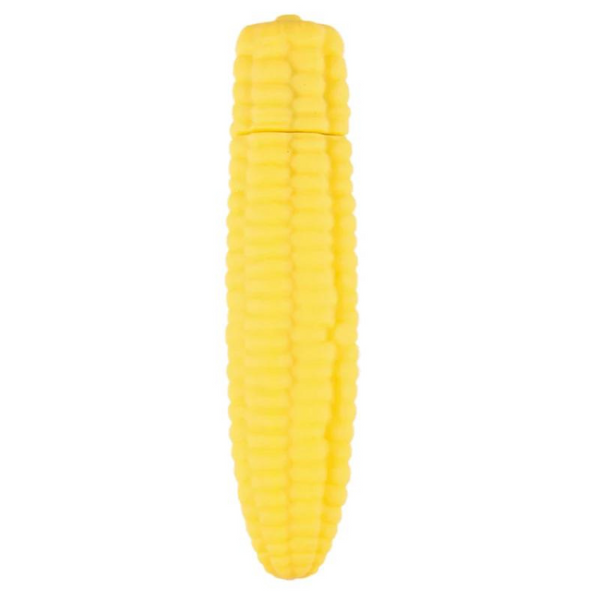 Yellow corn-cob-shaped vibrator shown upright against a white background