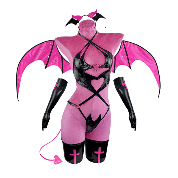 Pink-and-black devil costume with bat wings, horned headpiece, heart cutouts, gloves and thigh-high cuffs