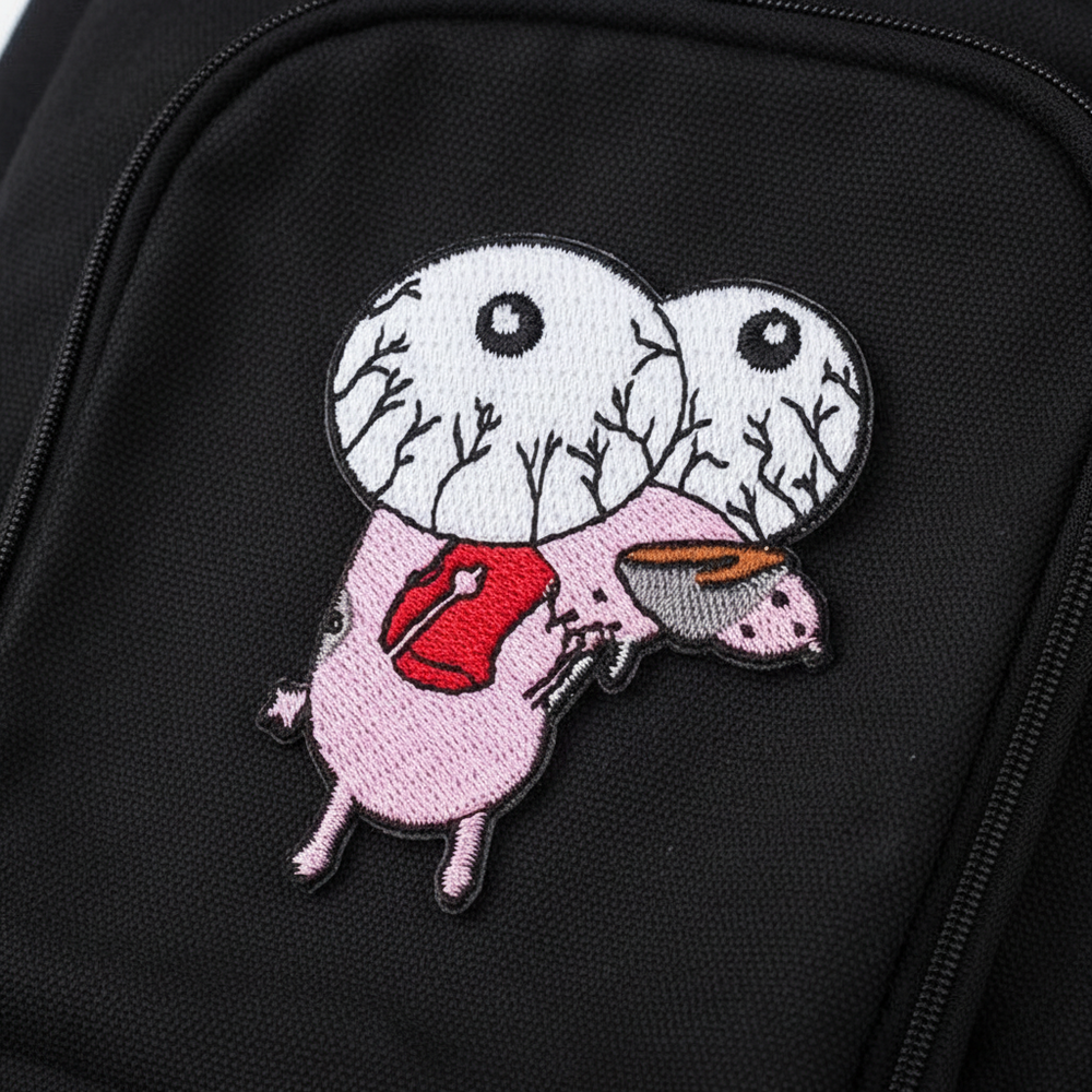 Embroidered Courage the Cowardly Dog patch shown close up on black fabric