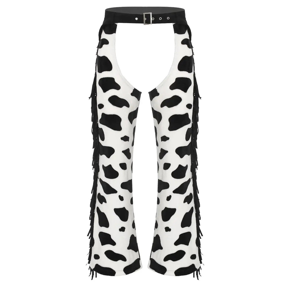 Front view of white-and-black cow-print chaps with a black buckle belt and side fringe