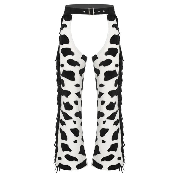Front view of white-and-black cow-print chaps with a black buckle belt and side fringe