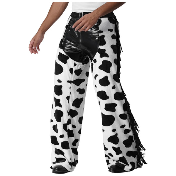 Front view of a model wearing black vinyl and cow-print chaps with side fringe