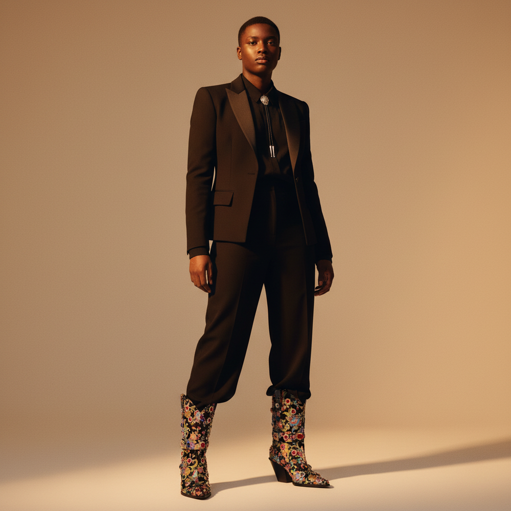 Cowgirl Couture pink embroidered boots pop under a sharp black suit and bolo tie