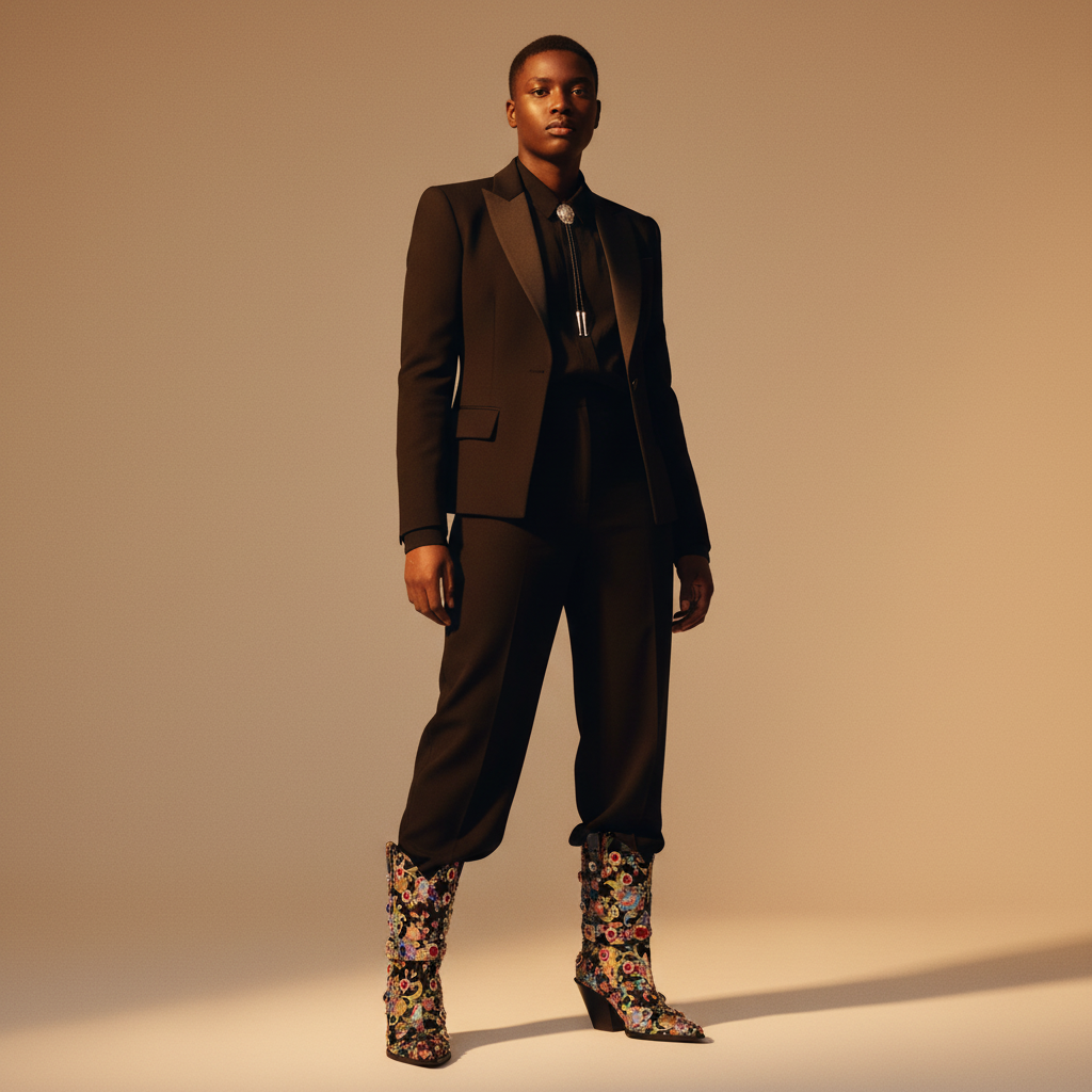 Cowgirl Couture pink embroidered boots pop under a sharp black suit and bolo tie
