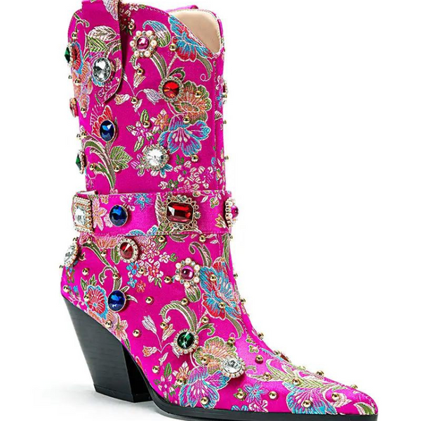 Side view of a hot-pink floral embroidered ankle boot with jeweled studs and a wedge heel