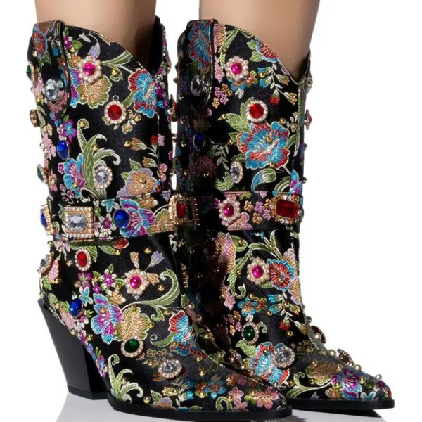 Pair of black mid-calf pointed-toe boots with colorful floral embroidery and jeweled studs