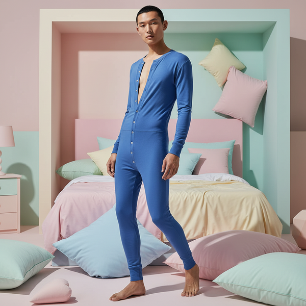 A person in a pastel bedroom wears the Cozy Pajama Romper, a fitted blue romper with front buttons