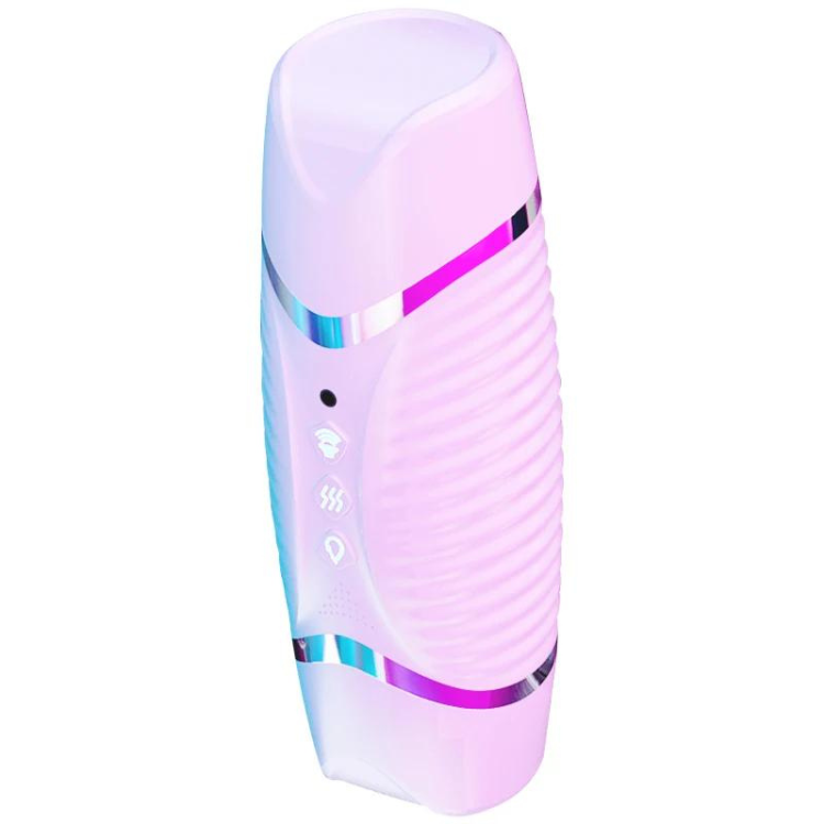 Pastel pink and white ribbed handheld masturbator shown upright at a slight angle