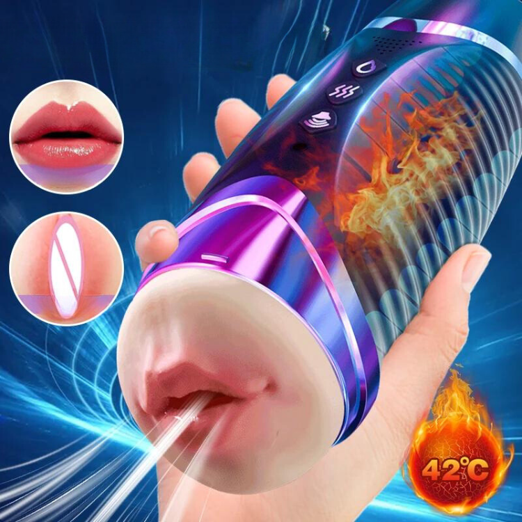 Hand-held purple cylindrical male masturbator with a mouth-like opening and 42°C heat graphic