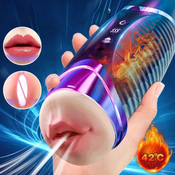 Hand-held purple cylindrical male masturbator with a mouth-like opening and 42°C heat graphic