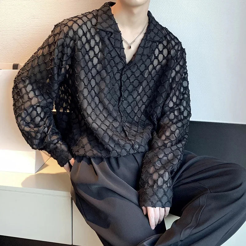 Model wearing a sheer black crocheted button-front shirt with an open lattice pattern