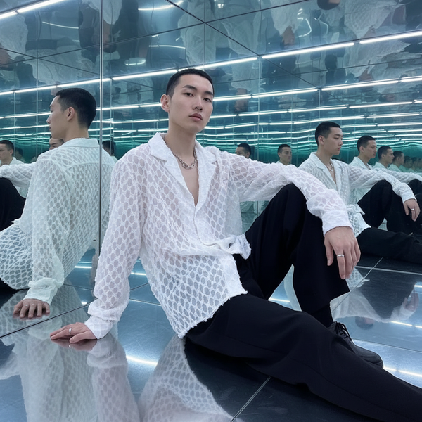 Model seated in a mirrored room wearing a sheer white open-collar crochet shirt