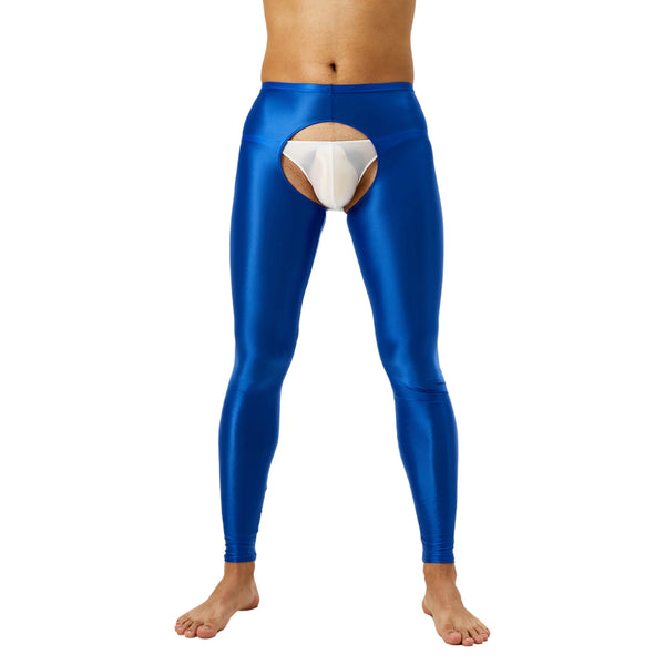 Front view of a person wearing shiny blue crotchless leggings over white briefs