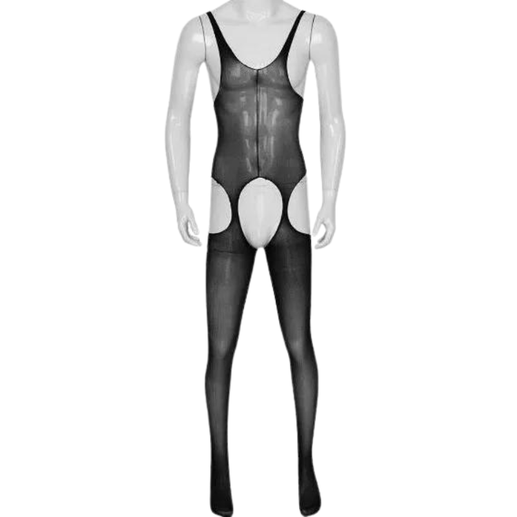 Front-view black sheer bodystocking with thin straps and large open crotch and hip cutouts