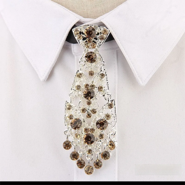 Close-up of a white shirt collar with a cascading rhinestone bolo-style tie accessory