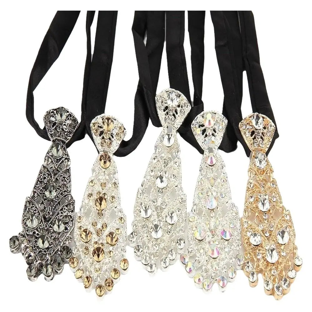 Five black neckties with ornate rhinestone-covered tie fronts in silver, gold, and black