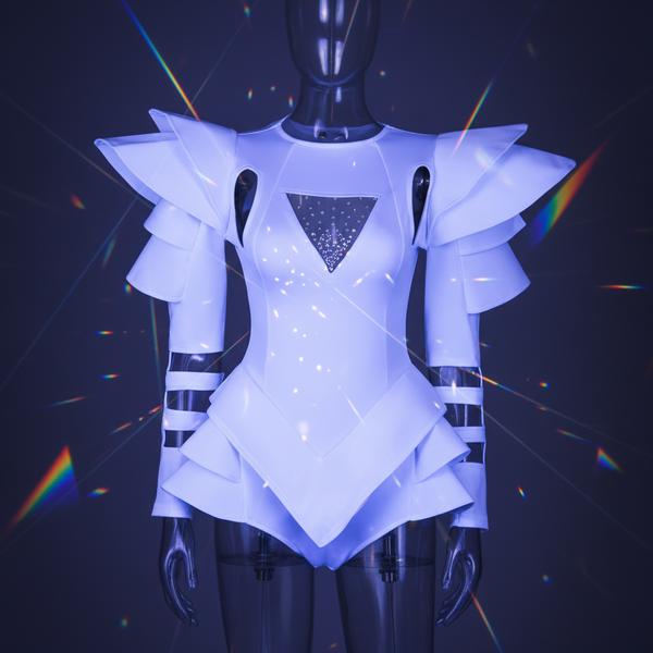 Front-facing white bodysuit on a mannequin with layered ruffles and a crystal-studded chest panel