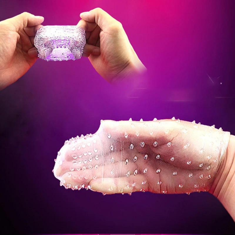 Clear textured penis sleeve shown held in hands above a close-up worn view