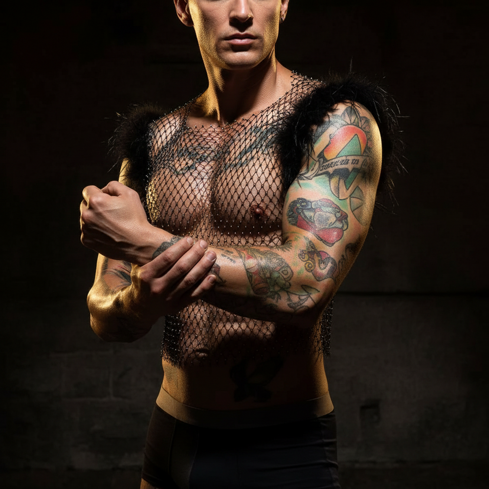 Cropped model wearing a black fishnet vest with feathered shoulders and studs