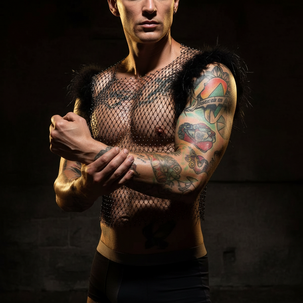 Cropped model wearing a black fishnet vest with feathered shoulders and studs