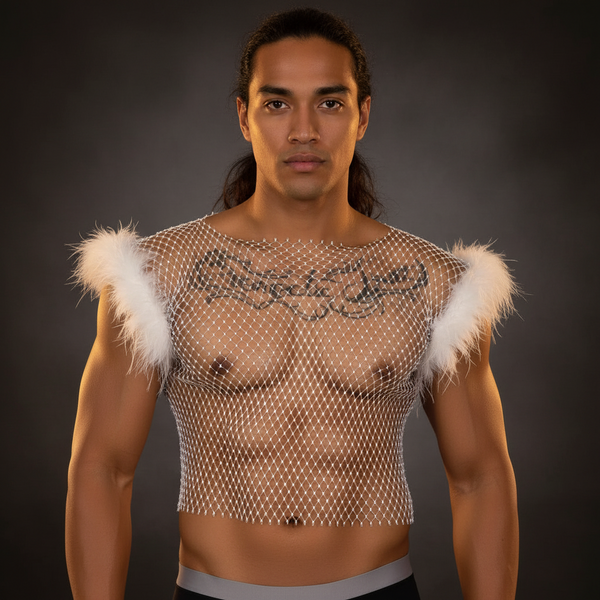 Front-facing model wearing a sheer white fishnet crop vest with fluffy feathered shoulders