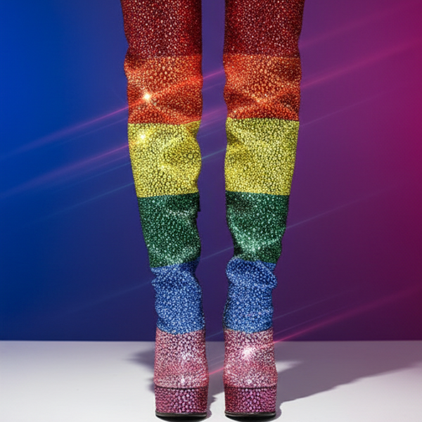 Pair of tall boots covered in sparkling rainbow bands, shown from the front on a lit studio floor