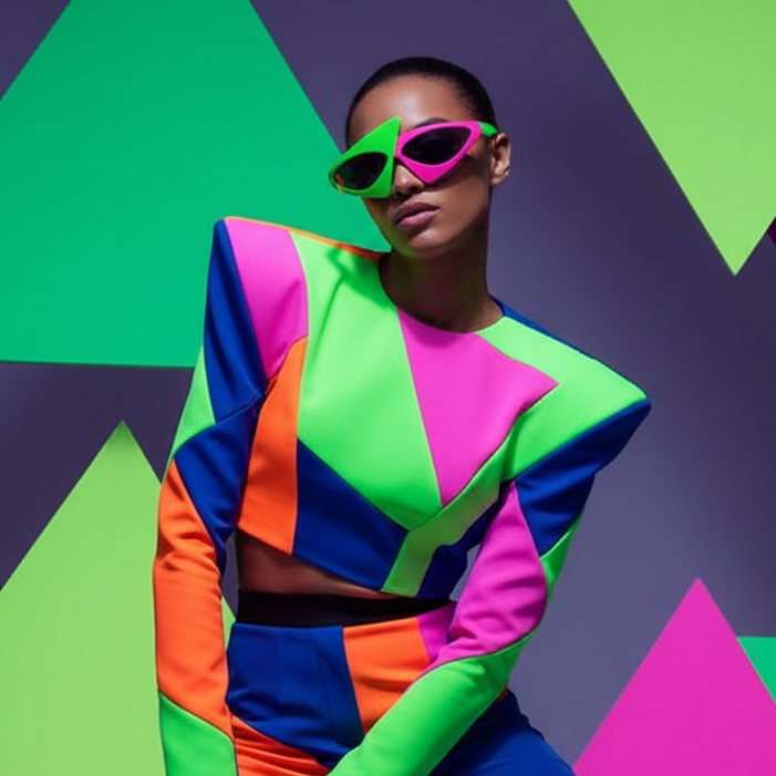 Model in neon color-block outfit—pink, green, orange, blue—wears Cubist Trip Rave Sunglasses; poses by bold triangles