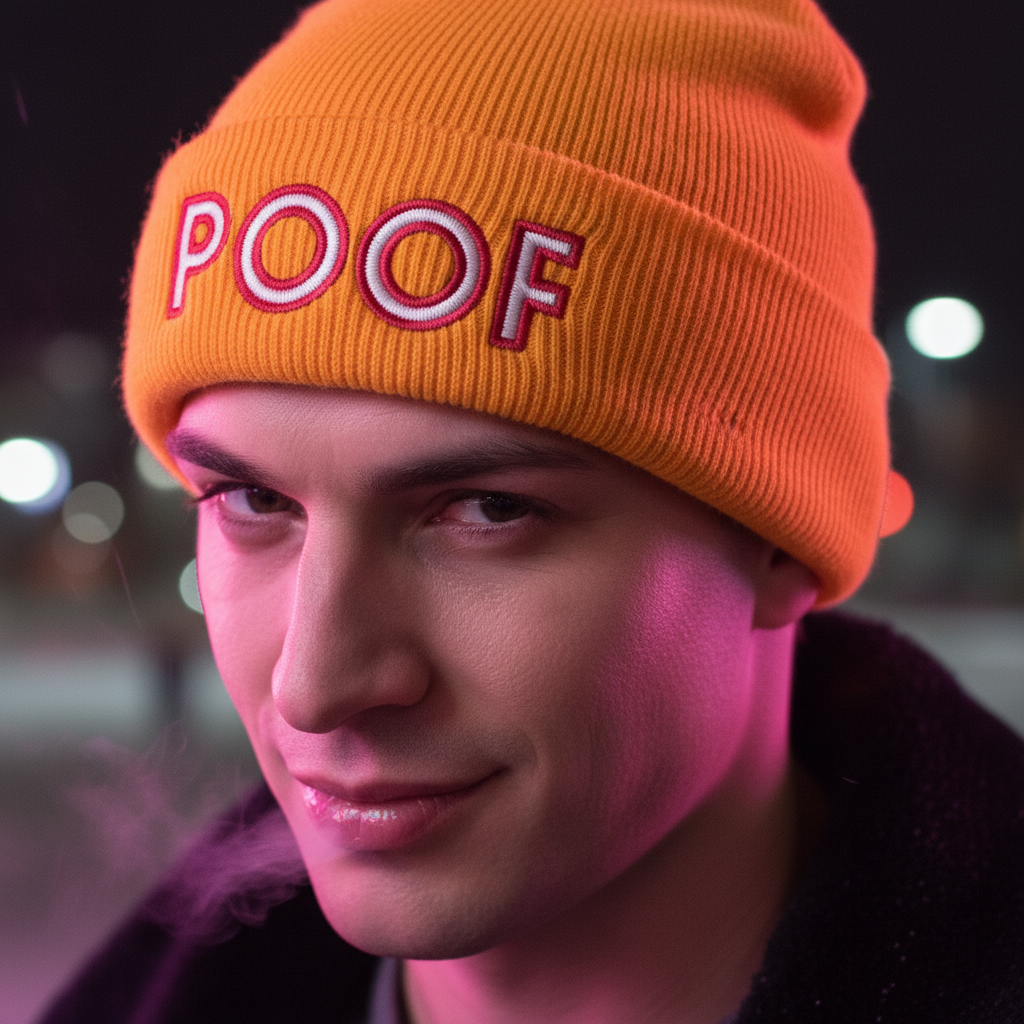 Poof Cuffed Beanie in bright orange with bold red and white “POOF” slogan, worn by a queer guy outdoors at night, pink-purple lights and city behind, his breath visible in the cold air.