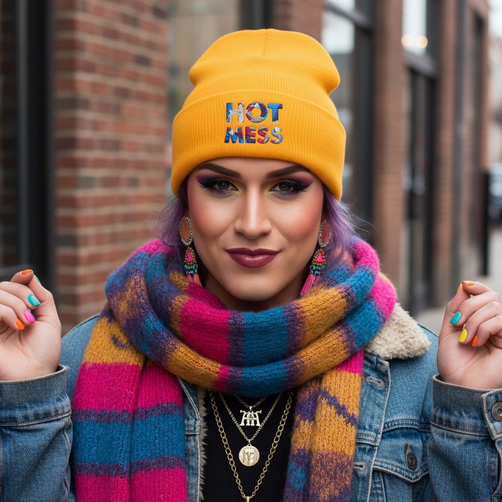 Hot Mess Cuffed Beanie on queer babe with purple hair, bold makeup, blue-pink plaid scarf, denim jacket, layered chains, painted nails.