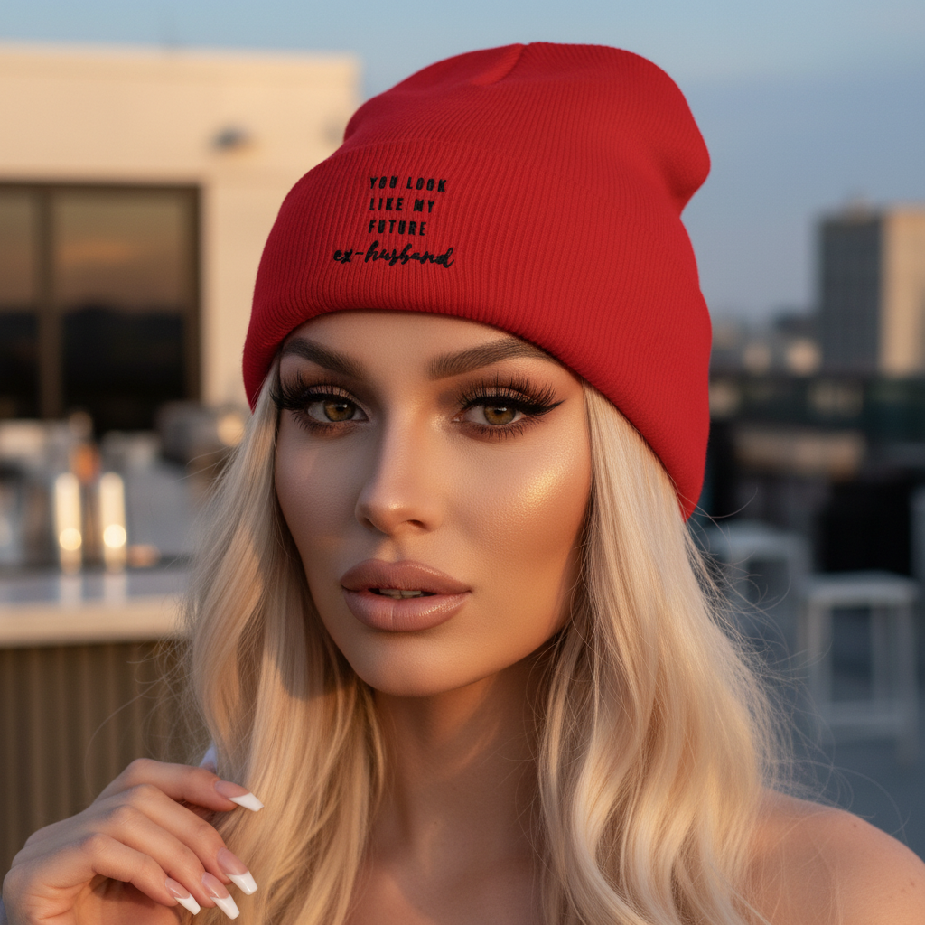 Cuffed beanie with bold black "You Look Like My Future Ex-Husband" text, worn by femme with long blonde hair at sunset.