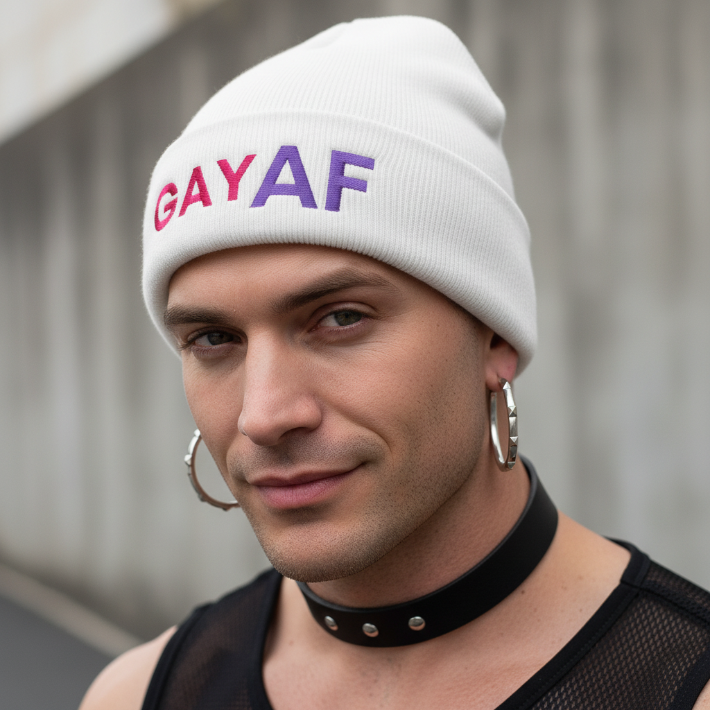Gay AF Cuffed Beanie with vibrant rainbow letters worn by a light-skinned person in hoop earrings, mesh top, and choker.