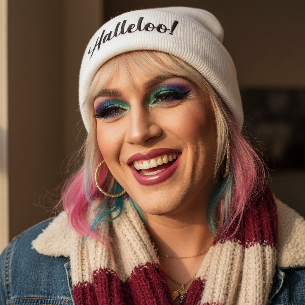 Halleloo! Cuffed Beanie in white, worn by a smiling queer person with gold hoops, bold colorful makeup, pink-teal blonde hair, striped scarf.