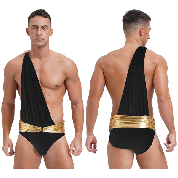 Front and back views of a person modeling a black one-shoulder toga with a gold waist sash and briefs