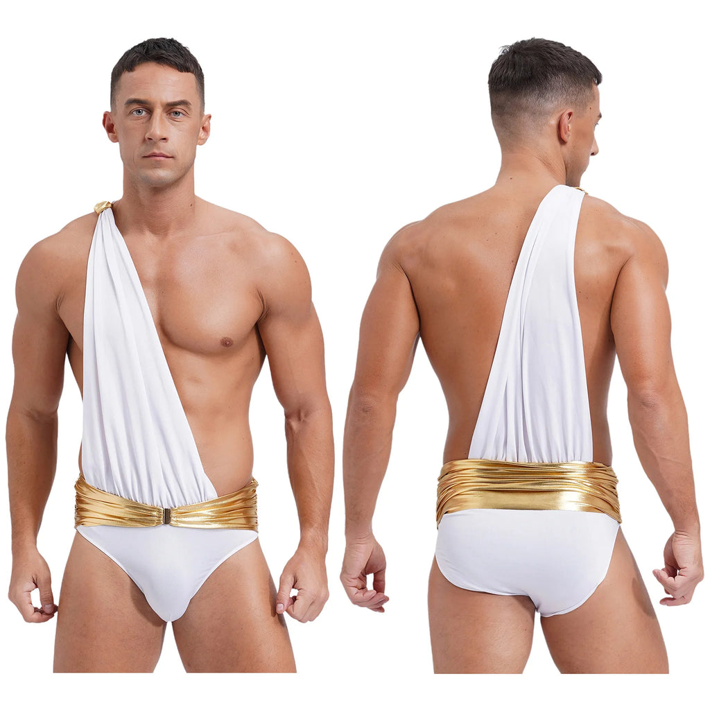 Front and back views of a person modeling a white toga-style bodysuit with a gold waistband