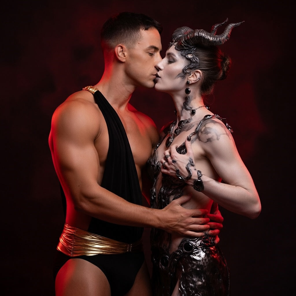 Couple kissing in Greek-inspired costumes, with a black toga and gold belt beside a horned warrior outfit