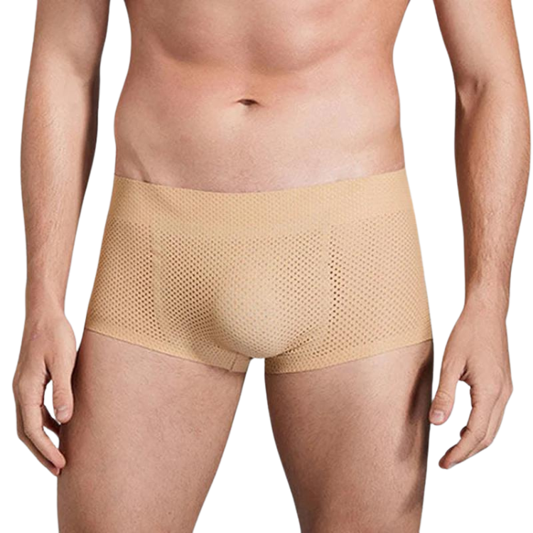 Front-view model wearing tan mesh butt-enhancing boxer briefs