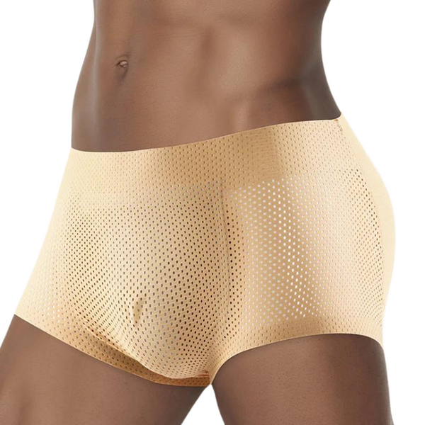 Close-up front view of a model wearing beige perforated men's butt-enhancing underwear