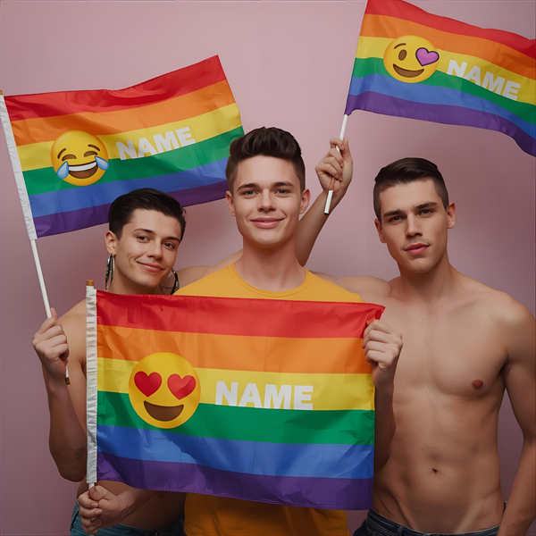 Three people hold rainbow flags reading “NAME,” with laughing, heart-eyes, and heart emojis