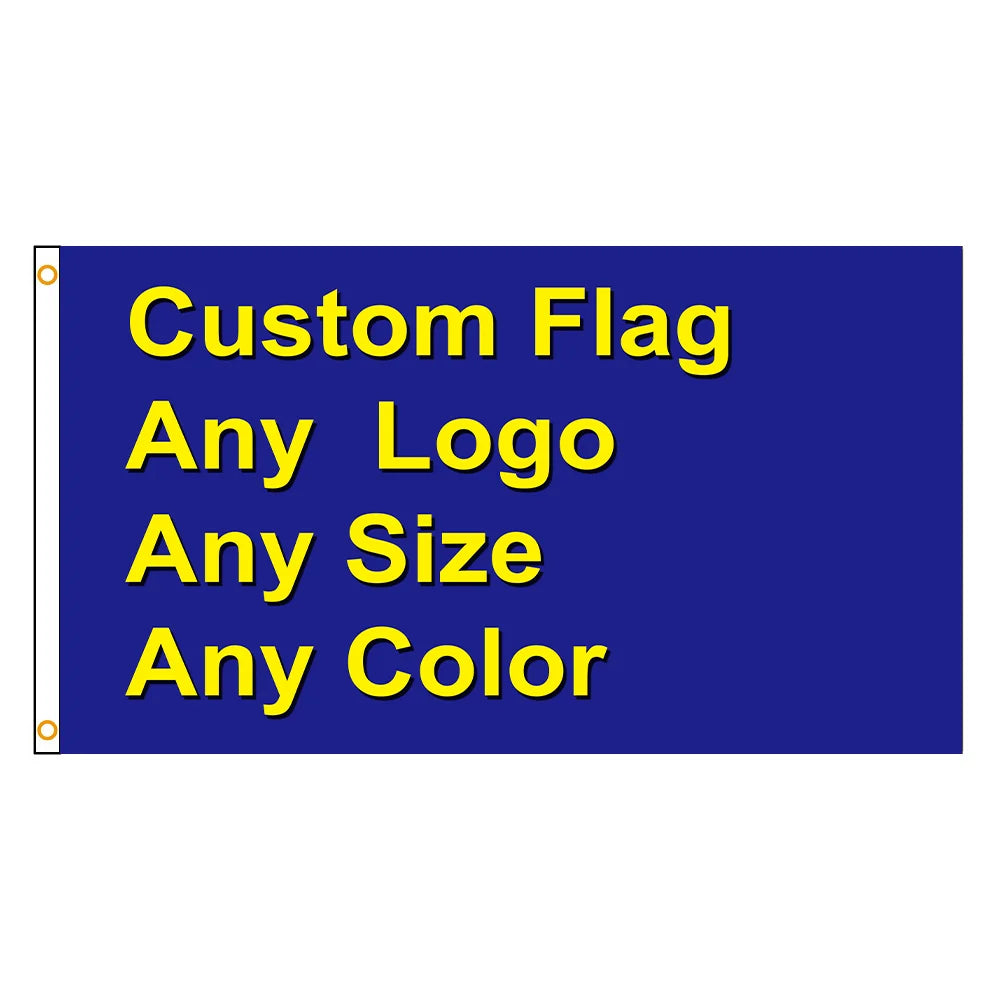 Blue rectangular banner reading “Custom Flag Any Logo Any Size Any Color”