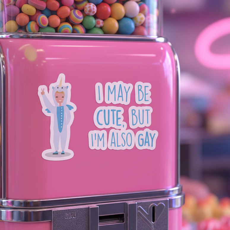 Bubble-free sticker features a person in a unicorn suit flashing a peace sign next to I may be cute