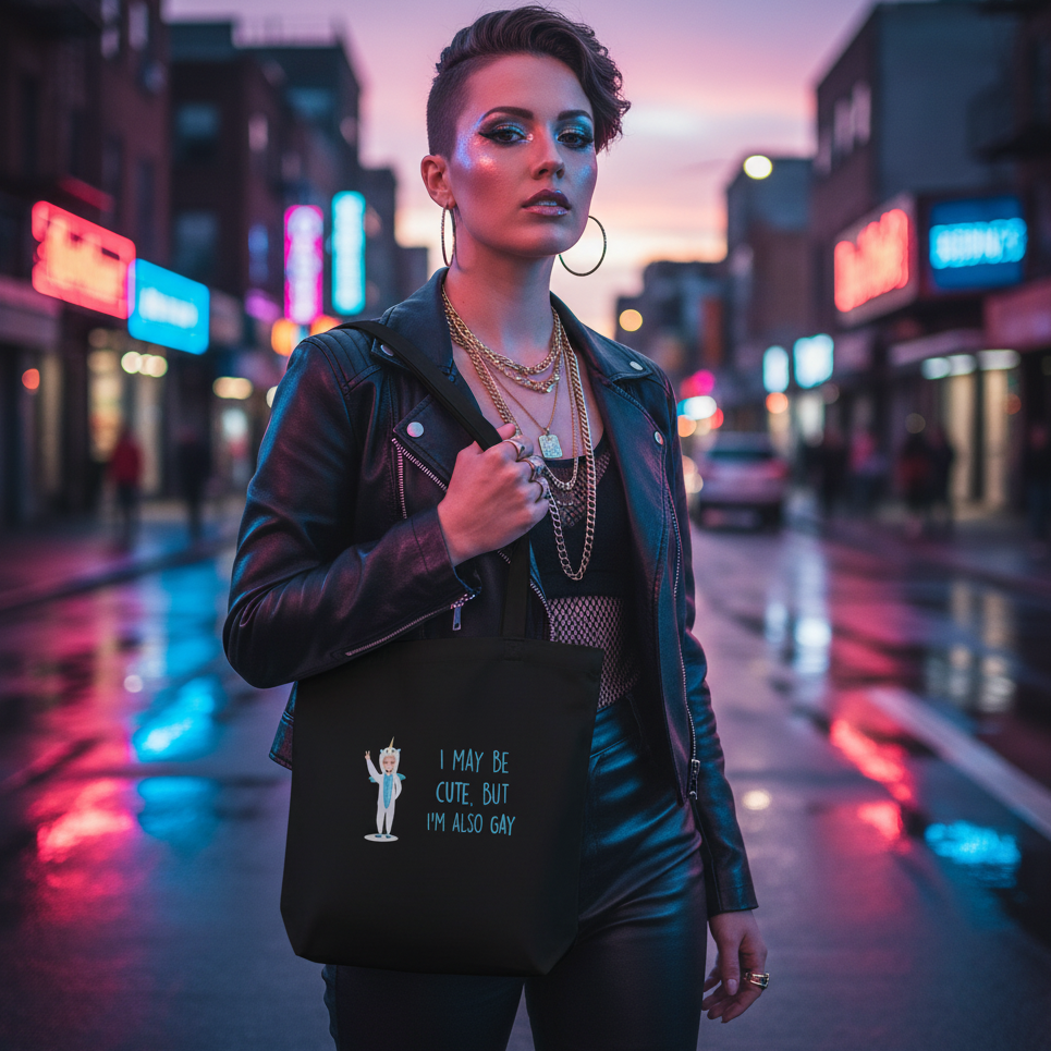 Person holding a black tote reading “I MAY BE CUTE, BUT I’M ALSO GAY”
