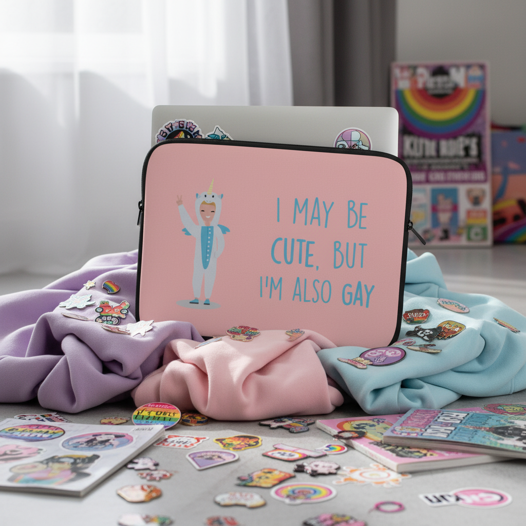 Laptop sleeve reads "I May Be Cute, But I'm Also Gay" with a unicorn onesie, shown with pastel hoodies, Pride pins