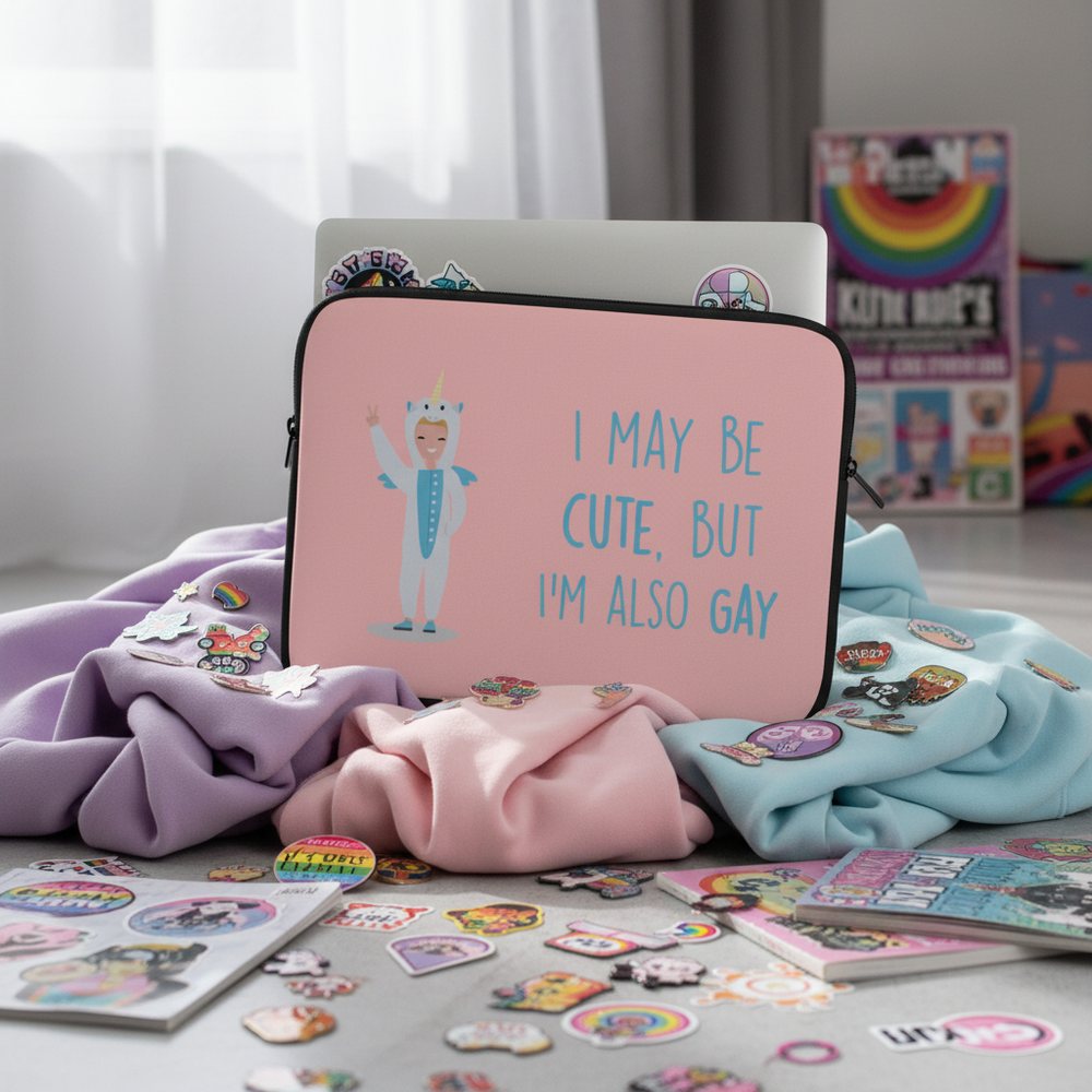 Laptop sleeve reads "I May Be Cute, But I'm Also Gay" with a unicorn onesie, shown with pastel hoodies, Pride pins