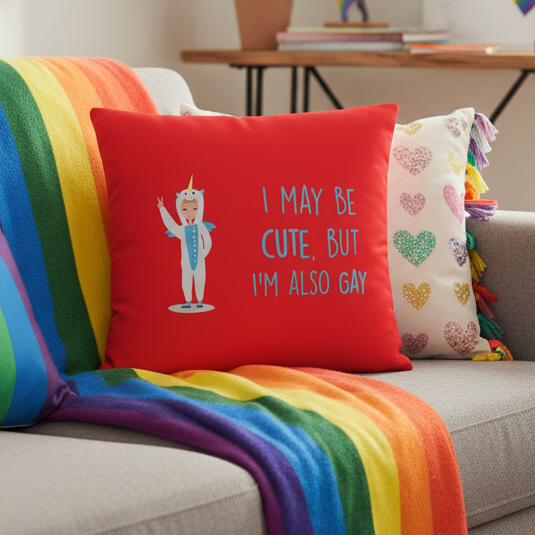Cute But Gay Pillow with cartoon figure in unicorn onesie and I may be cute, but Im also gay