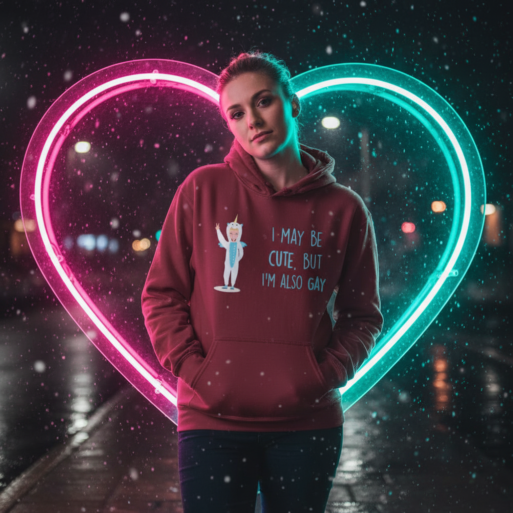 Person wearing Cute But Gay Unisex Hoodie with unicorn character and pride slogan, hands in pockets
