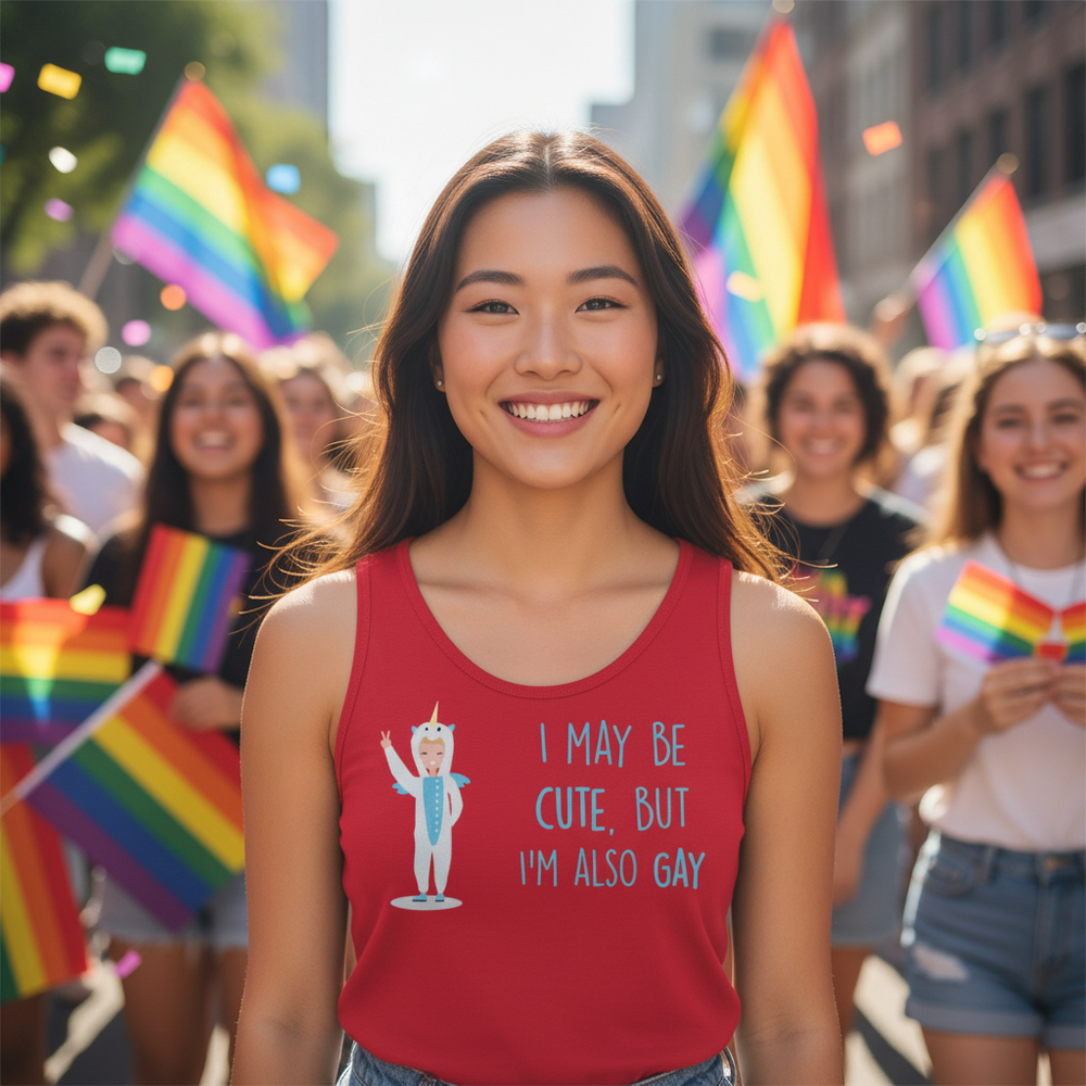 Cute But Gay Unisex Tank Top with unicorn and slogan “I May Be Cute, But Im Also Gay,” worn by person at Pride parade