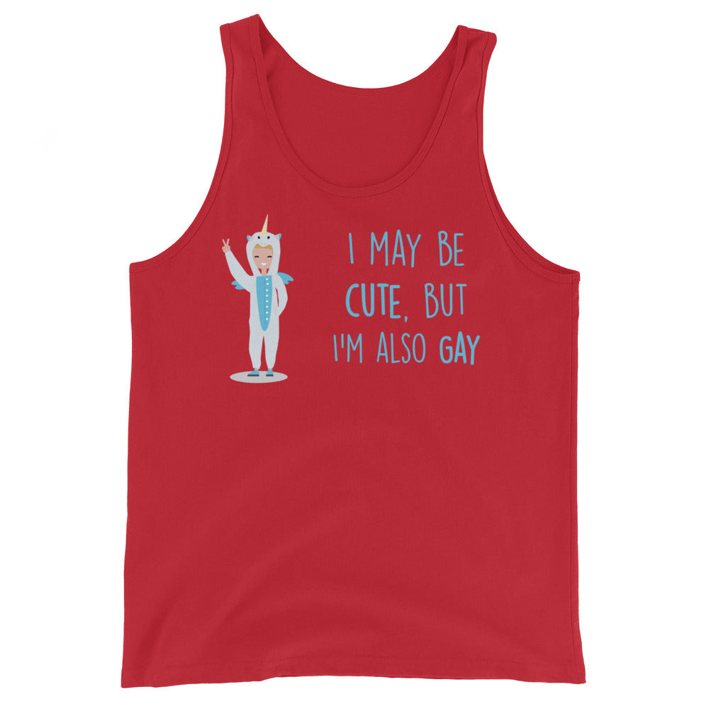 Red unisex tank top with a waving unicorn in blue, plus bold blue text: I MAY BE CUTE