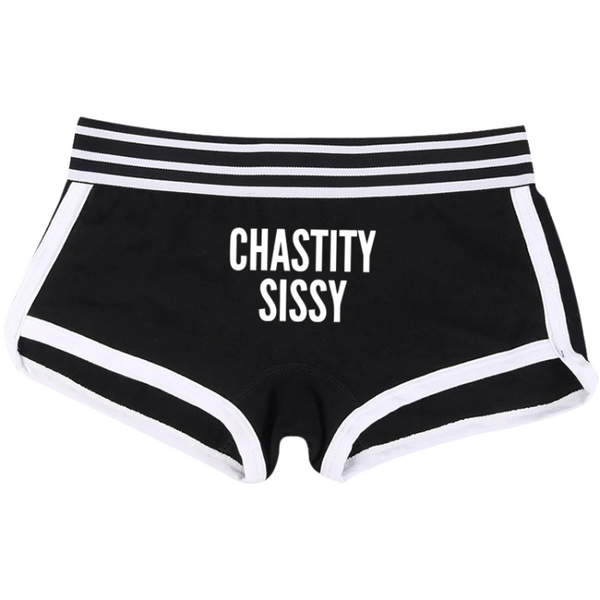 Front view of black short briefs with white trim and “CHASTITY SISSY” lettering