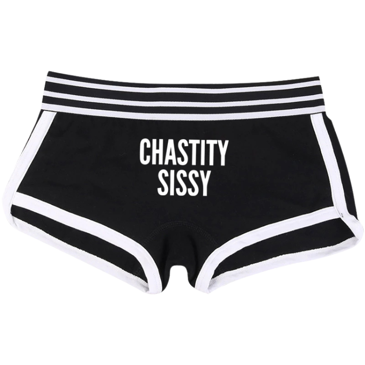 Front view of black short briefs with white trim and “CHASTITY SISSY” lettering