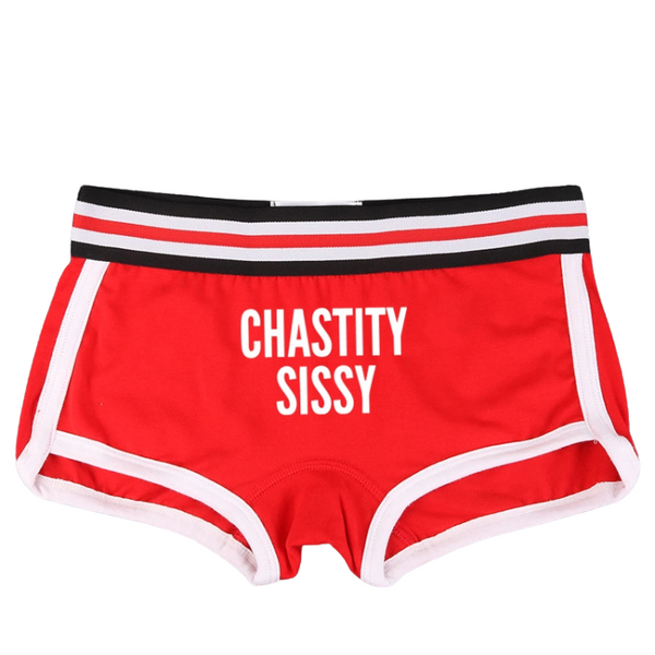 Front view of red short briefs with white trim and “CHASTITY SISSY” text